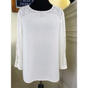 Talbots 3X Petite White Lace Yoke Blouse Long Sleeve Sheer Sleeve Top